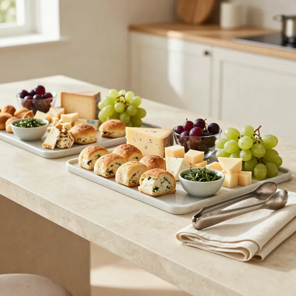 Elegant party platters of mini rolls, cheese, fruit cups and herbs on a stone catering table.