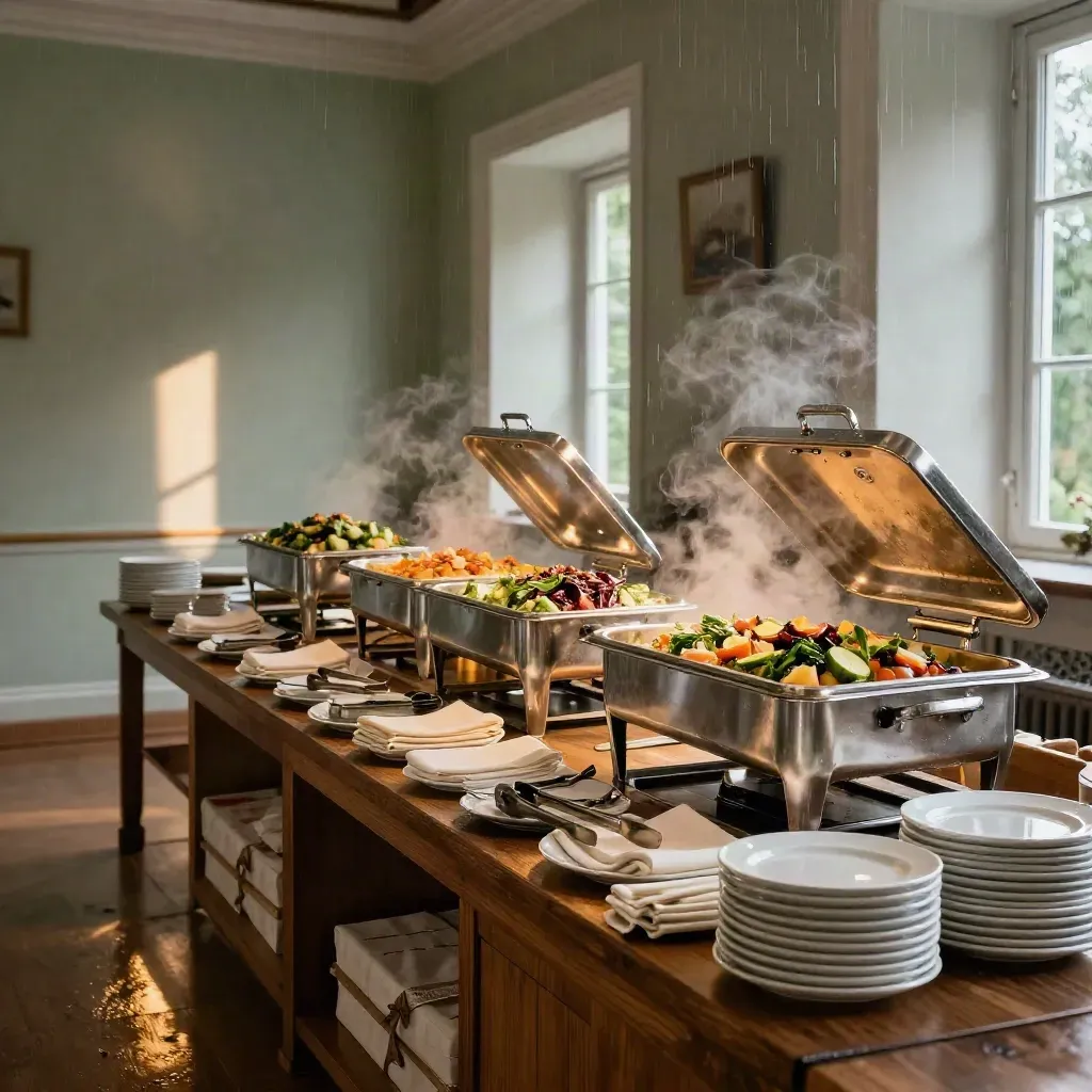 Georgian buffet room with steaming trays, chilled platters and rain-lit doorway glow