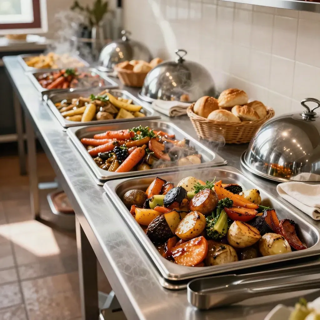 Steam-filled buffet trays with roast vegetables, bread baskets and serving domes in a venue kitchen.