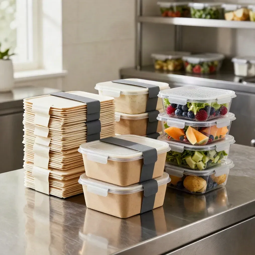 Stacked office lunch boxes, wraps, salad tubs and fruit pots on a stainless prep counter.