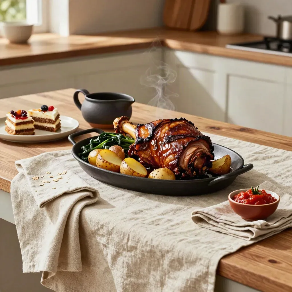 Roast joint, potatoes, greens, gravy and dessert slices on a linen-covered kitchen island.