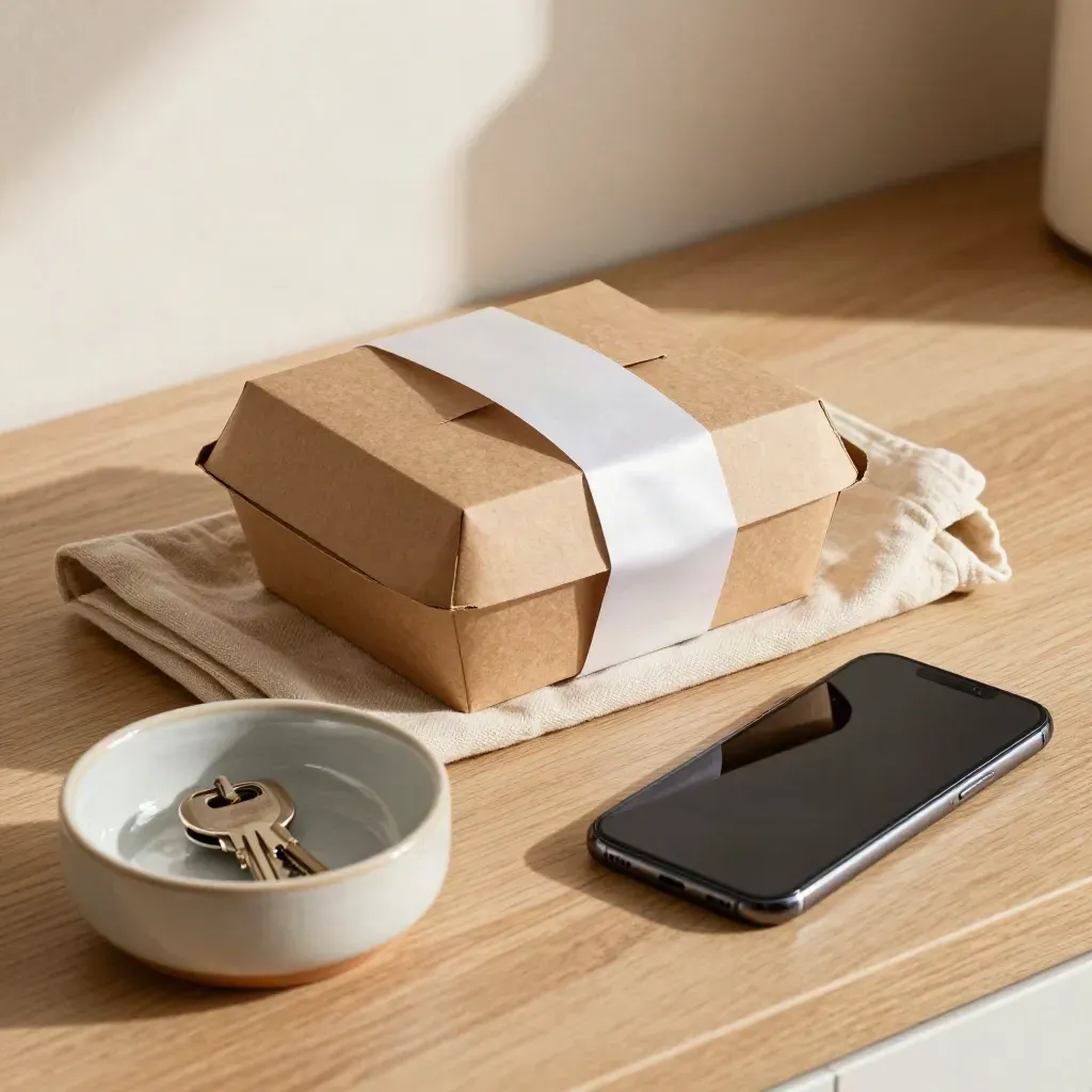 Meal box, tote, phone and key bowl on a pale oak kitchen counter in warm daylight
