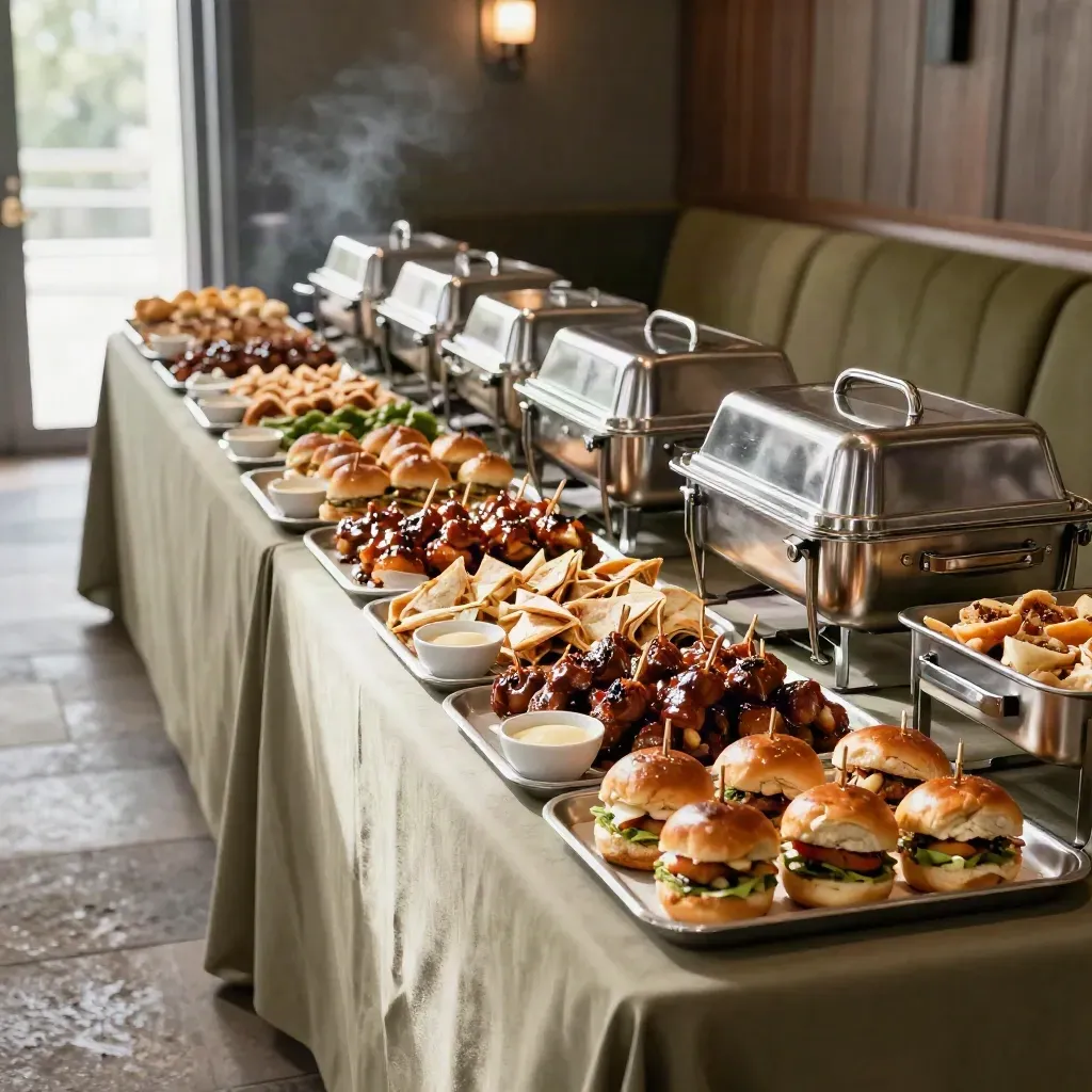 Event-tray catering display of sliders, dip bowls and chilled boxes in a dim reception hall.