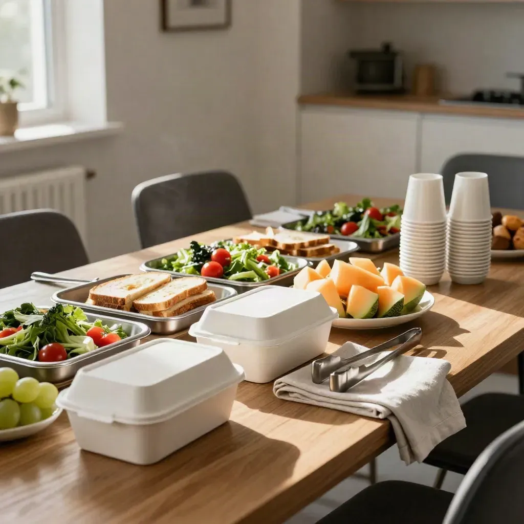 Empty office lunch spread with sandwich boxes, salad trays, fruit platters and stacked cups.
