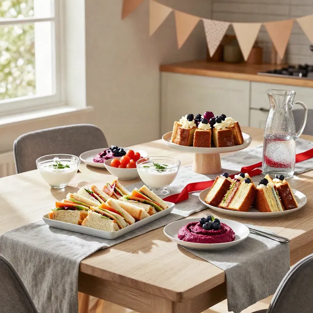 Birthday platters and cake trays set on a home table with soft bunting.