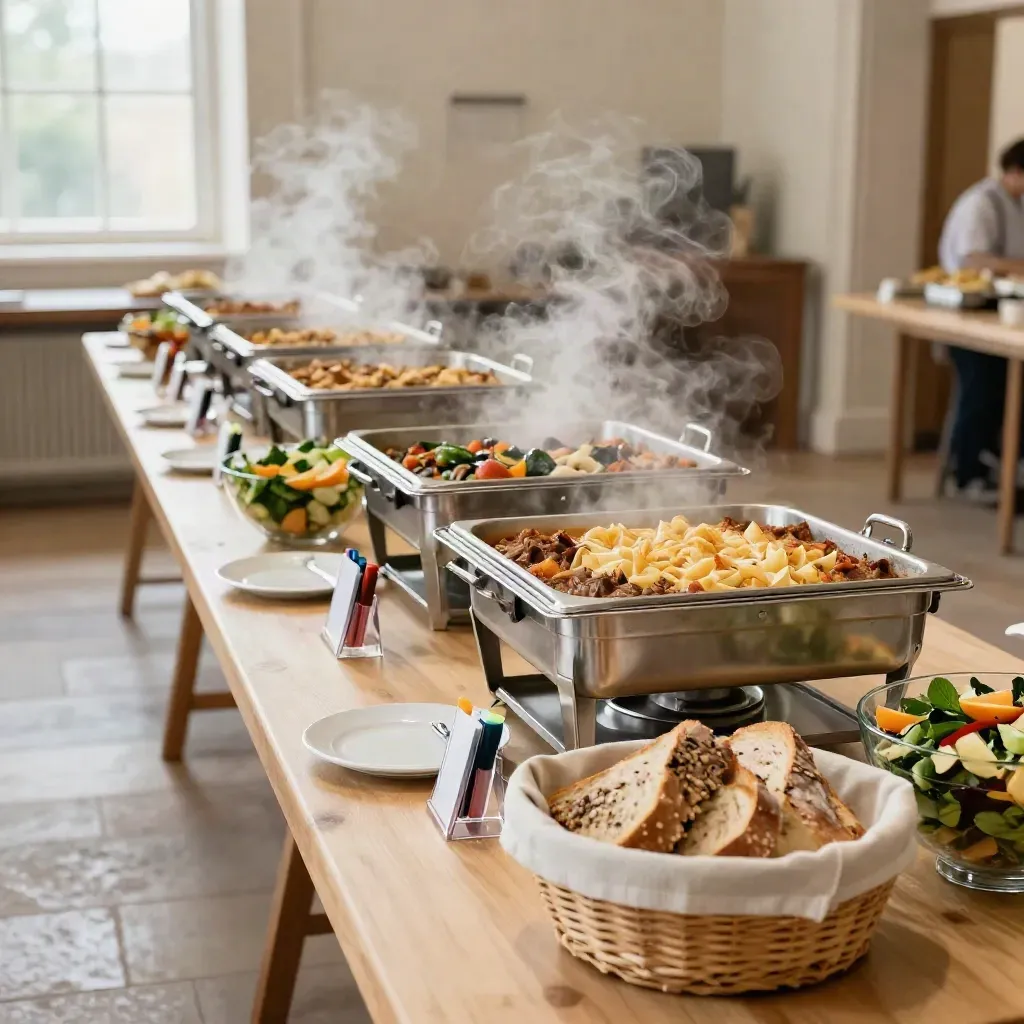 Steam-filled community hall buffet with hot trays, salad bowls, bread baskets and labeled stands