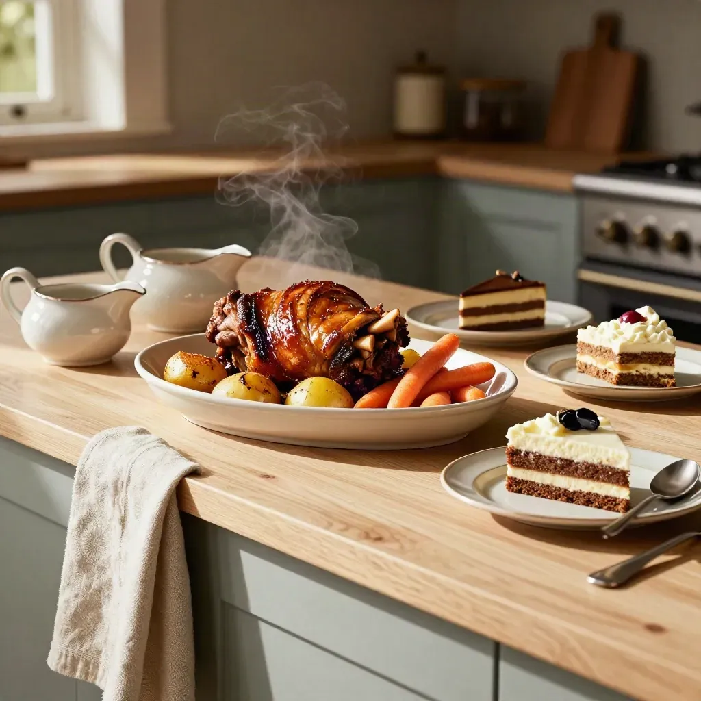 Roast dinner platter with potatoes, carrots, gravy boat and dessert slices on a kitchen island
