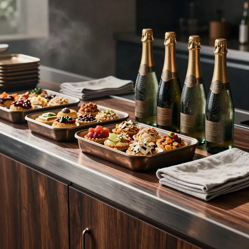 Launch counter with trays, lunch boxes, sparkling bottles and linen napkins under dramatic light