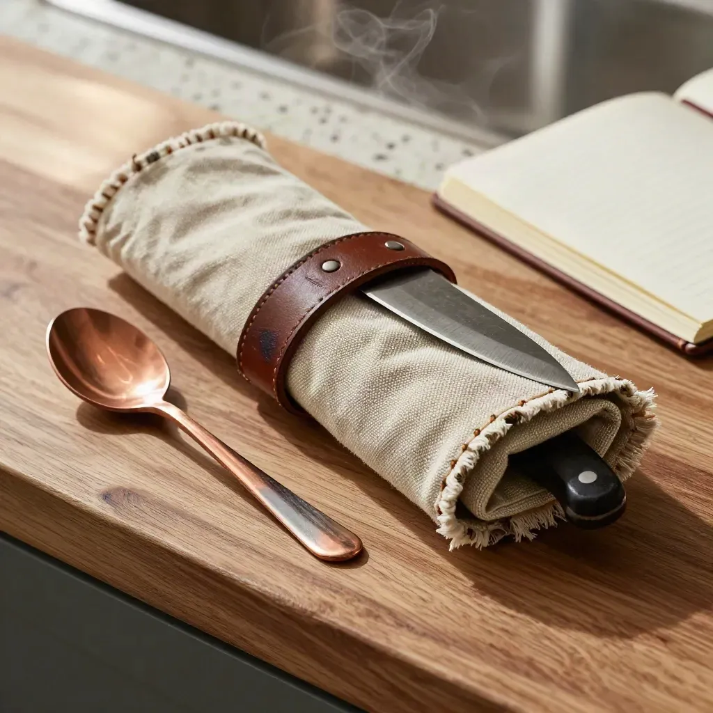 Half-open chef knife roll with tasting spoon, tweezers and notebook on a butcher-block shelf