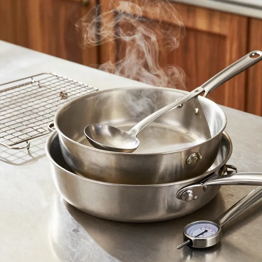 Nested gastronorm pans, ladle, thermometer and rack on a steel prep table in dramatic kitchen light.
