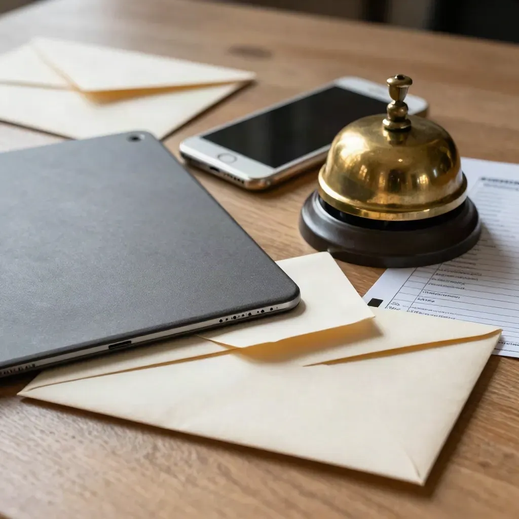 Tablet, phone, brass bell and sealed envelopes on a warm oak desk.