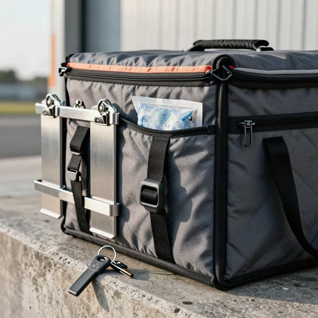Charcoal delivery tote, cold packs, tray carriers and keys at a loading bay edge in soft daylight.