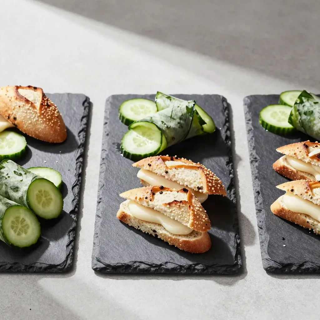 Overhead of three catering tasting boards with sandwiches, wraps and cucumber rounds on pale concrete.