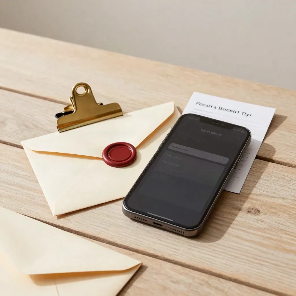 Dark phone, sealed envelope, brass clip and face-down order card on pale oak under soft daylight.