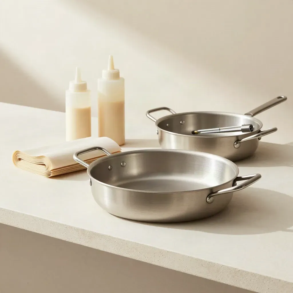 Prep line with gastronorm pans, squeeze bottles, parchment rolls and a thermometer on soft plaster.