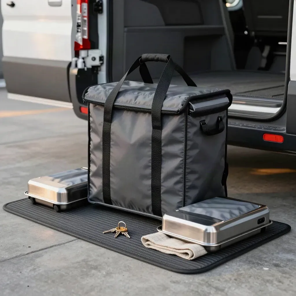 Insulated delivery tote, cold packs, tray carriers and van keys on a boot mat
