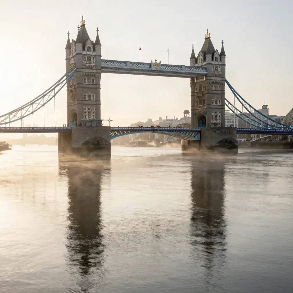 Tower Bridge in sunrise mist above a calm Thames with skyline high in frame