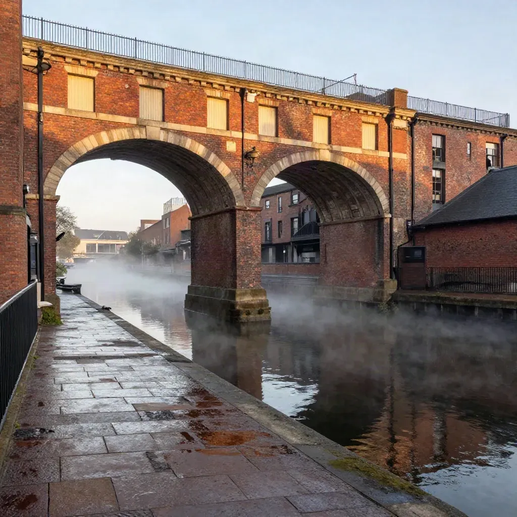 Golden Birmingham canal basin with brick viaducts, misty water, and warm wet masonry.