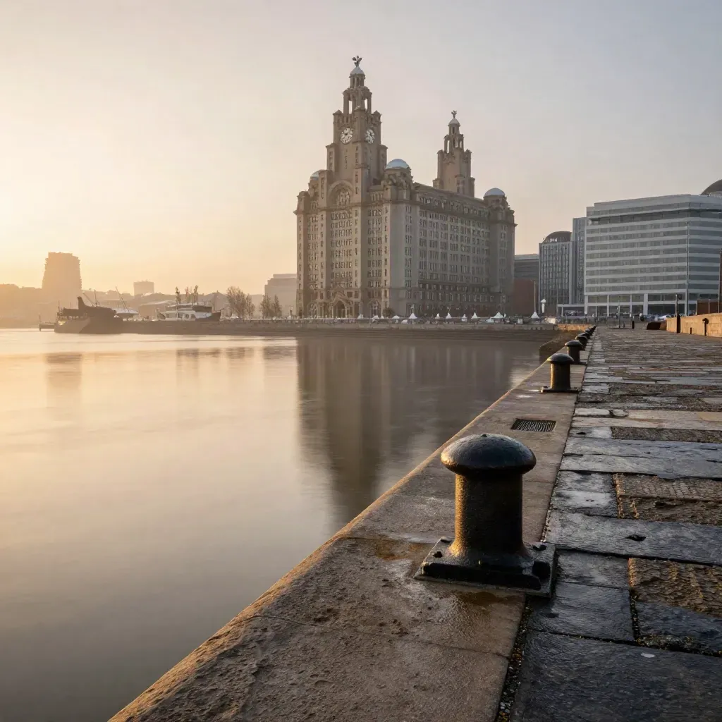 Liverpool waterfront at amber dusk with the Three Graces above a calm misty Mersey