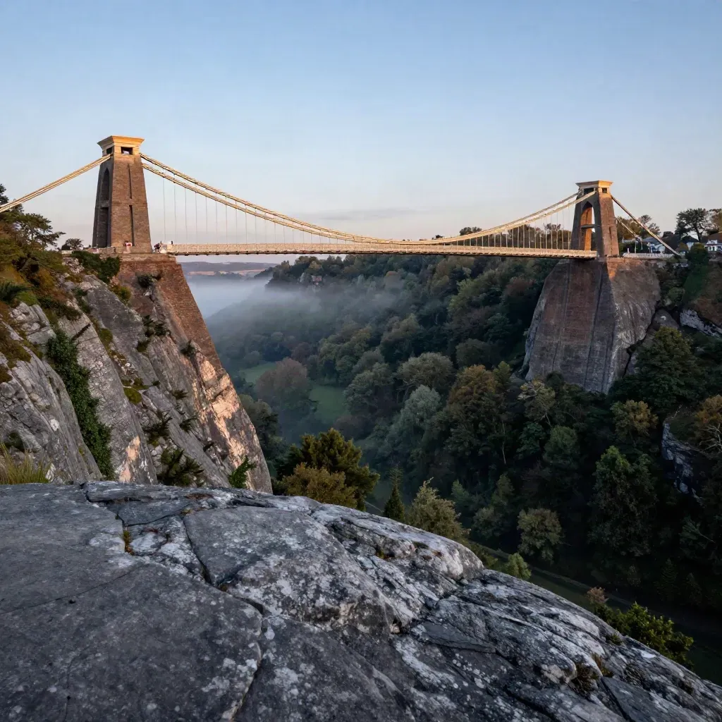 Clifton Suspension Bridge over the Avon Gorge at blue hour in misty evening light